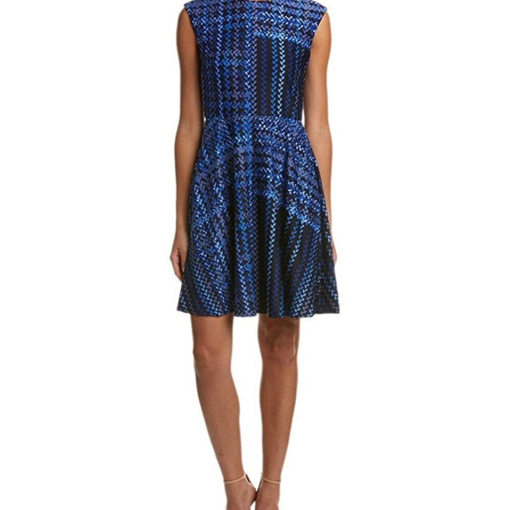 Donna Morgan Blue Pattern Fit and Flare Dress
